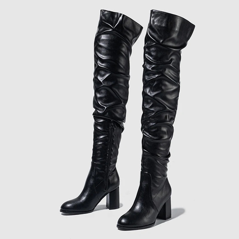 High Quality Soft Cozy Pleated Leather Women Over The Knee Boots