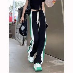 Women's Black Sports Pants with Pockets and Striped Drawstring