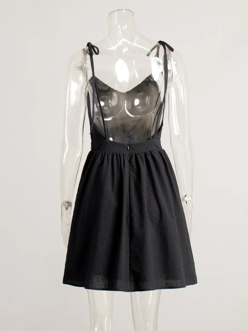 Women's Black Backless Cotton A-Line High Waist Short Dress