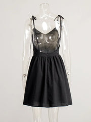 Women's Black Backless Cotton A-Line High Waist Short Dress