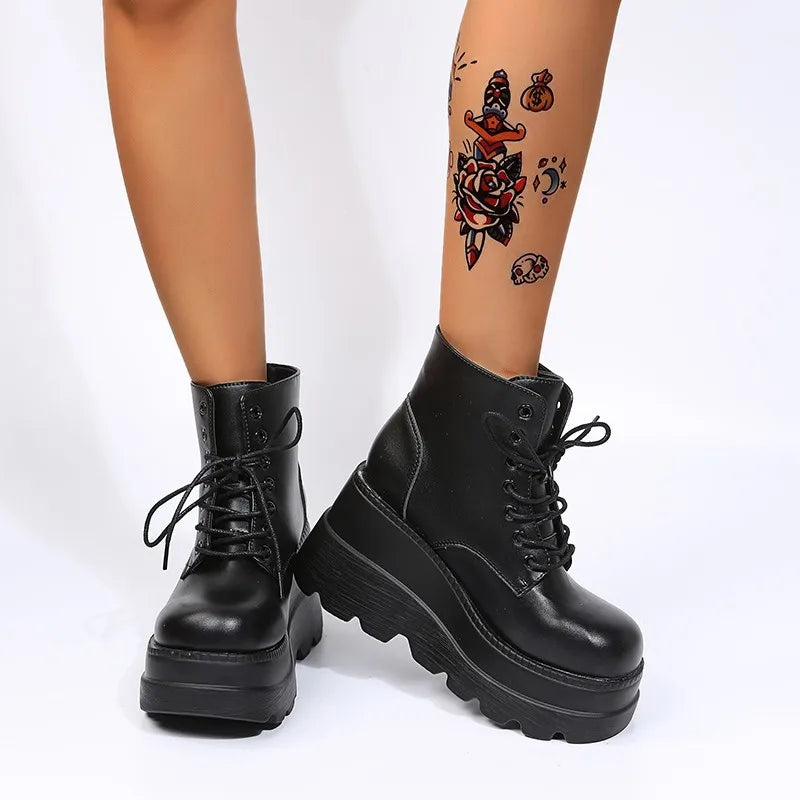 Women's High Top Black Lace Up Thick Sole Ankle Boots