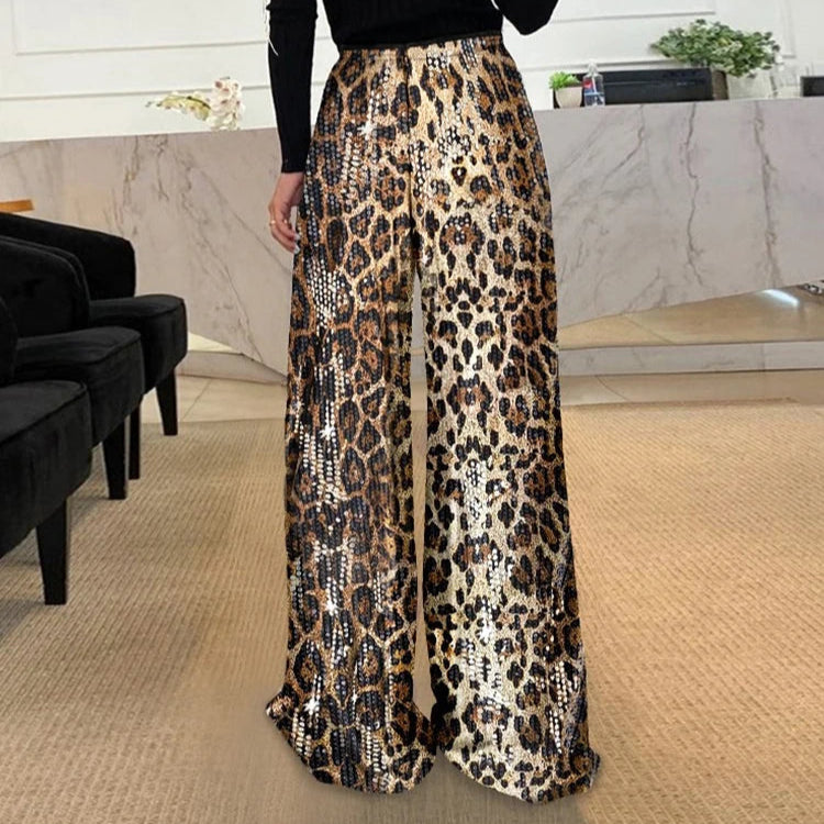 Women's High-Waisted Sequin Wide-Leg Leopard Print Pants