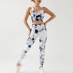 Ensemble de yoga sans coutures tie dye pêche avec pantalon rehaussant les hanches et soutien-gorge