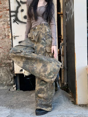 Pantalon ample camouflage à jambes larges pour femme – Pantalon cargo streetwear