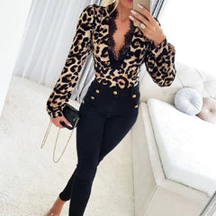 Elegant Leopard Print Plunge Lace Slim Fit Long Sleeve Top