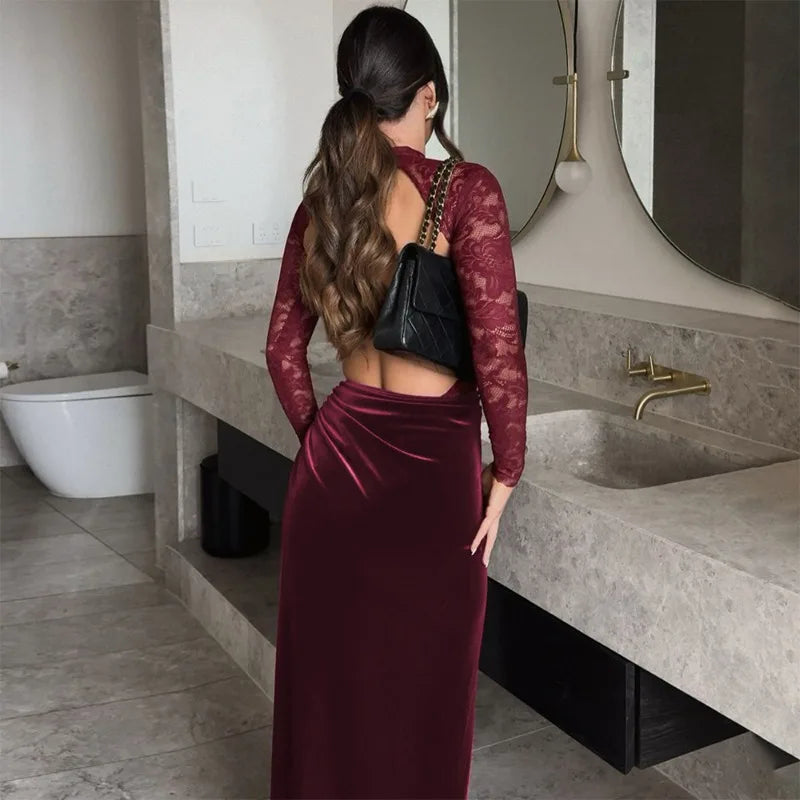 Women's Mesh See-Through Lace Maxi Skirt Jumpsuit Suit