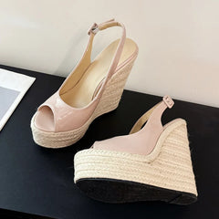 Women's Handmade Straw Rope Weave Peep Toe Wedge Sandals