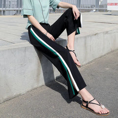 Casual Black Split Wide Leg Sports Pants with Pockets and Stripes