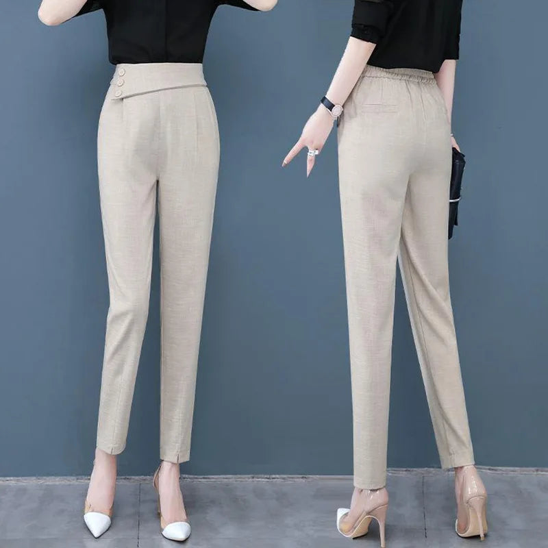 Pantalon sarouel d'été noir taille haute avec poches pour femmes de bureau 