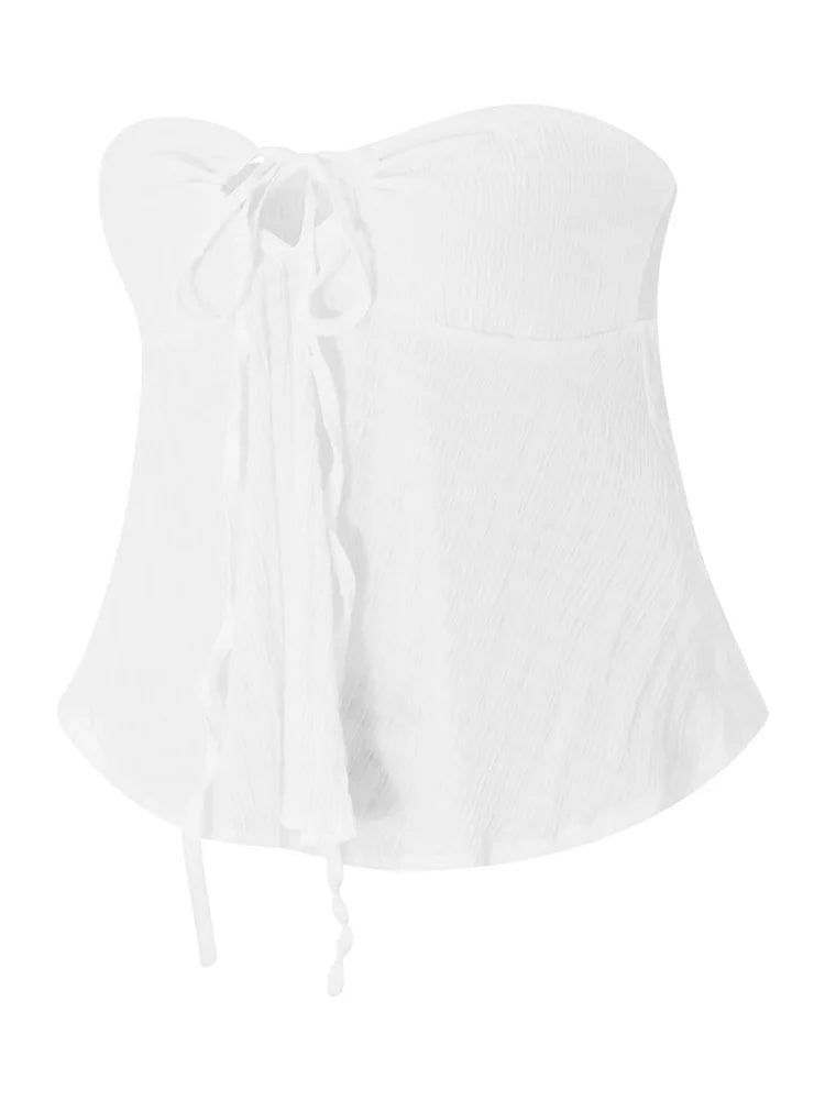 Women's Strapless Off Shoulder Ruched Tube Top with Ruffles