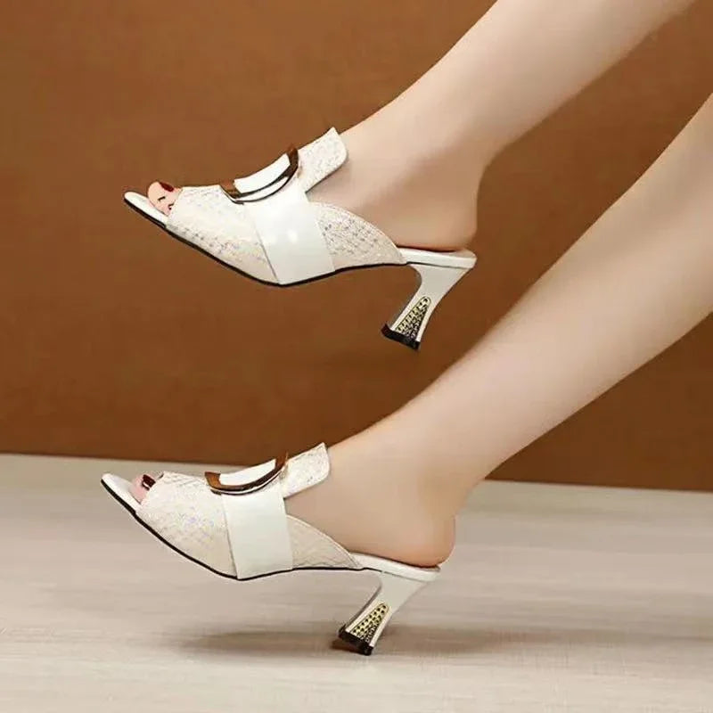 Open-Toe Sandals Women Elegant High Heel Slippers Korean Style