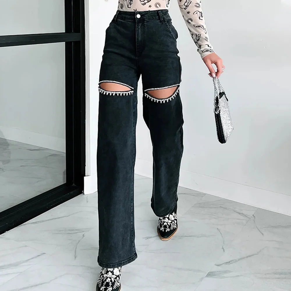 Streetwear Ripped Wide Leg Jeans for Women Casual Summer Fashion