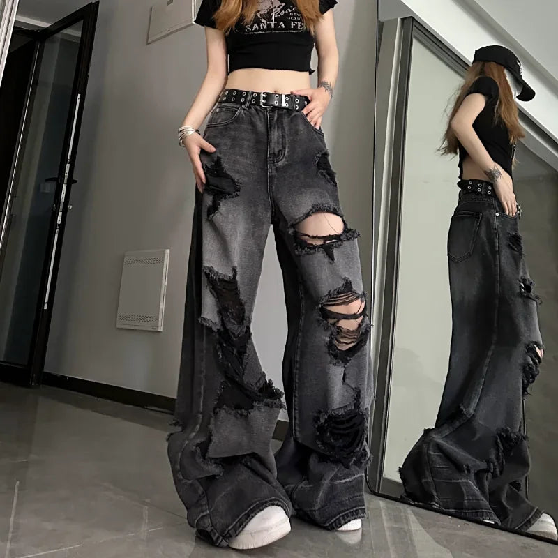 Women's Distressed Wide-Leg Ripped Jeans – High-Waist Loose Baggy Pants