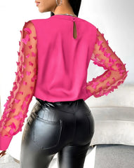 Women's Casual Butterfly Pattern Sheer Mesh Long Sleeve Top