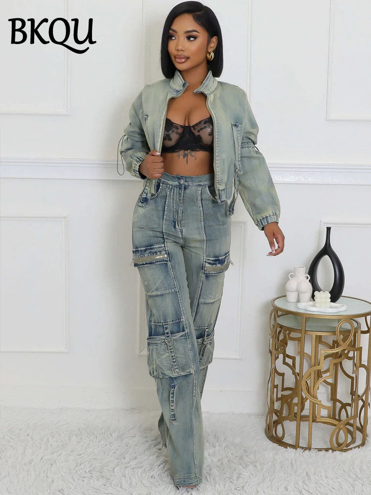 Women's Cargo Denim Two Piece Set with Zipper Jacket and Straight Jeans