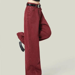 Women's High Waist Loose Straight Red Wide Leg Jeans