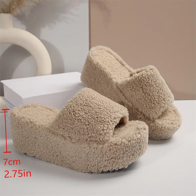 Winter Fluffy Wedge Slippers for Women In Beige