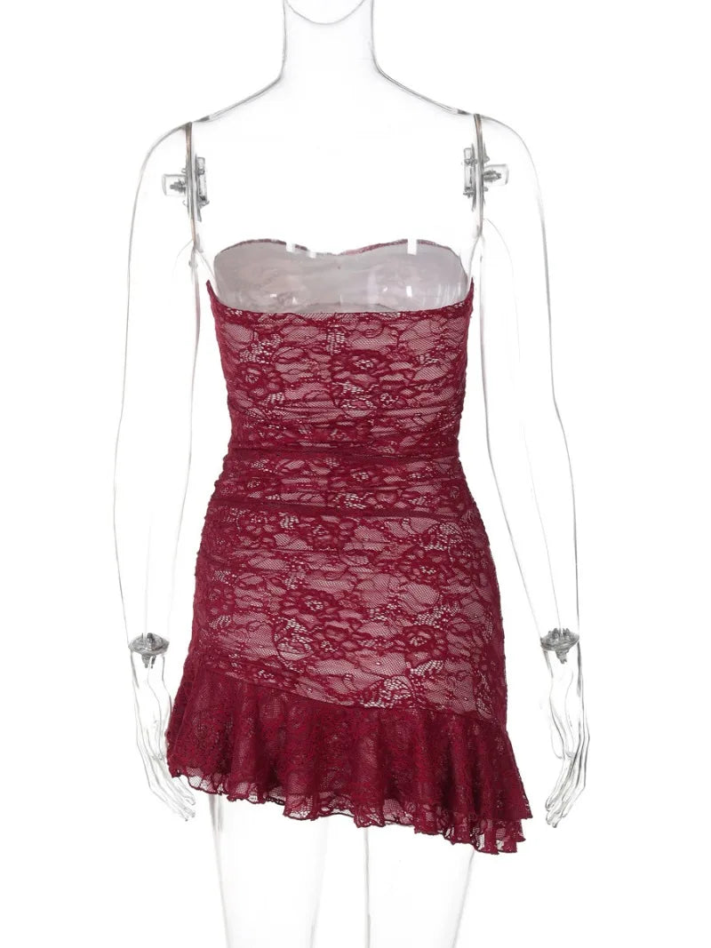 Wine Red Strapless Ruffled Lace Mini Dress for Evening Parties