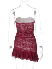 Wine Red Strapless Ruffled Lace Mini Dress for Evening Parties
