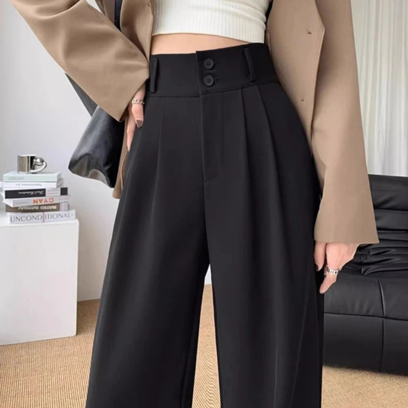 Pantalon large taille haute noir de style coréen pour femme 