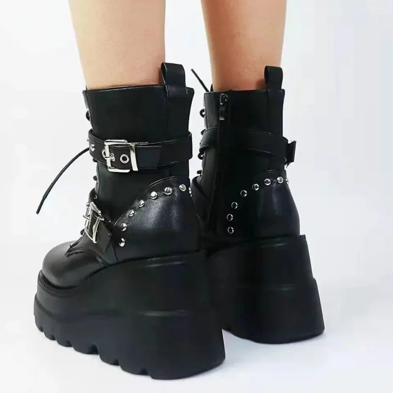 Women's Black Pu Leather Ankle Boots with Round Toe and Lace-Up