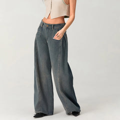 Women's Vintage Denim Washed Baggy Jeans with Pleated Pockets