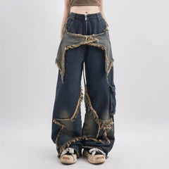 Women's Baggy Patchwork Jeans – Vintage Hip-Hop Denim with Raw Hem