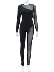 Women's Asymmetric Hollow Long Sleeve Mesh Splicing Jumpsuit