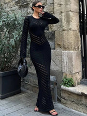 High Waist Long Sleeve Hollow Out Knitwear Maxi Dress