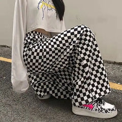 Women's Black White Plaid Elastic Waist Summer Casual Pants