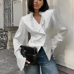 Women's White Summer Ruffled Long Sleeve Cardigan Blouse