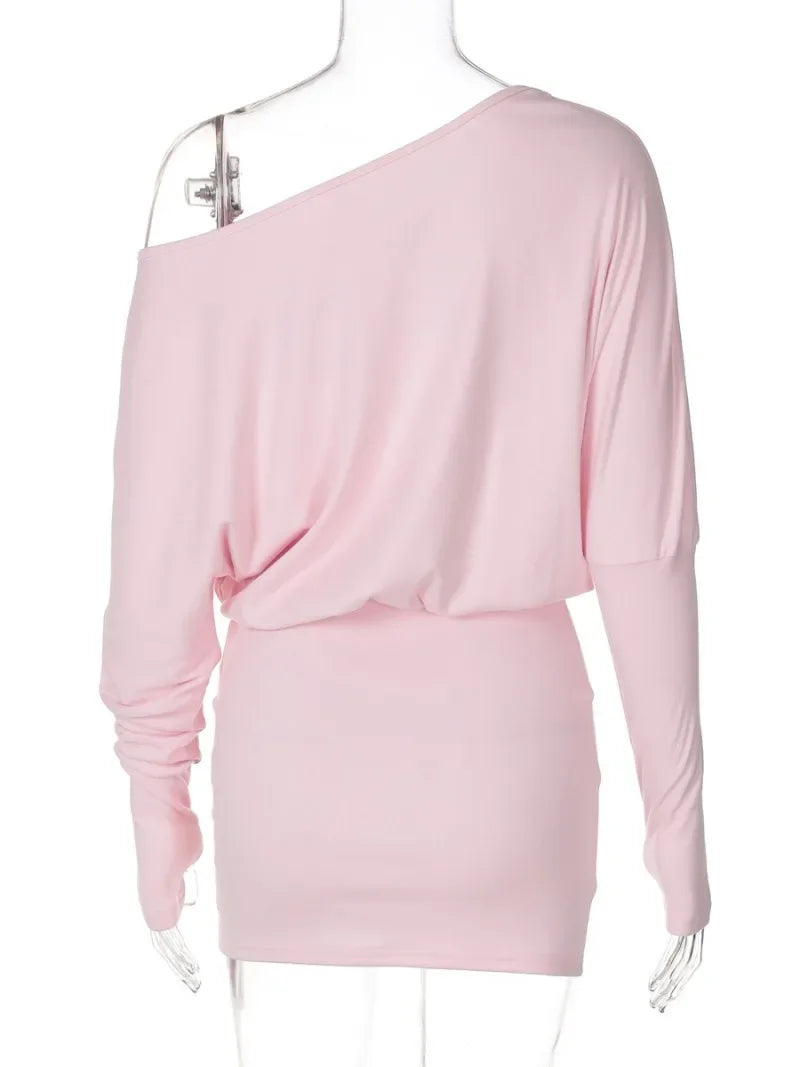 Women's Black Pink Diagonal Collar Long Sleeve Slim Dress