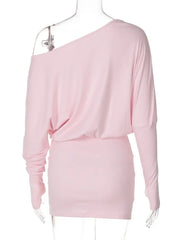 Women's Black Pink Diagonal Collar Long Sleeve Slim Dress