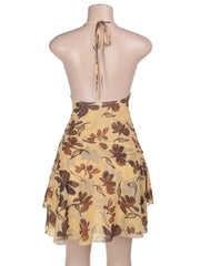 Halter Neck Ruched Beach Holiday Dress with Lace-up Backless Design