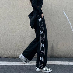 Butterfly Print Black Loose High Waist Wide Leg Trousers