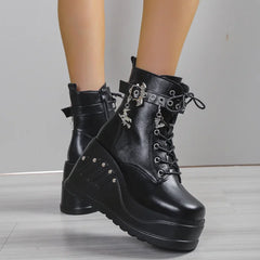 Women's Black Punk Goth Platform Wedge Boots Casual Heels