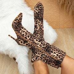 Women's Leopard Print Knee High Heels Stiletto Boots for Autumn Winter