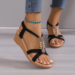 New Women Solid Color Ankle Buckle Wedge Sandals