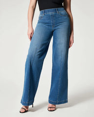 Women's High Stretch Mid Waist Denim Wide Leg Pants Casual Trousers