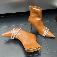 Women's Crystal Diamond Thin High Heels Ankle Boots - Pointed Toe