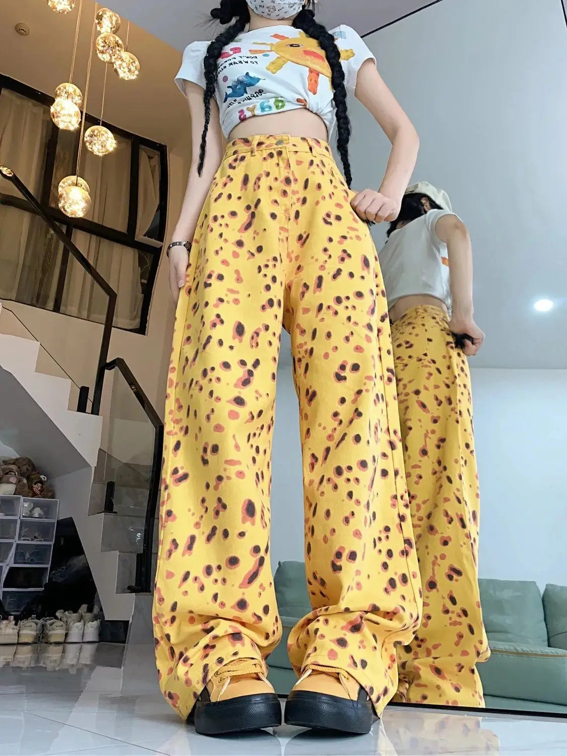 Personalized Yellow Leopard Print Wide-Leg Jeans for Women