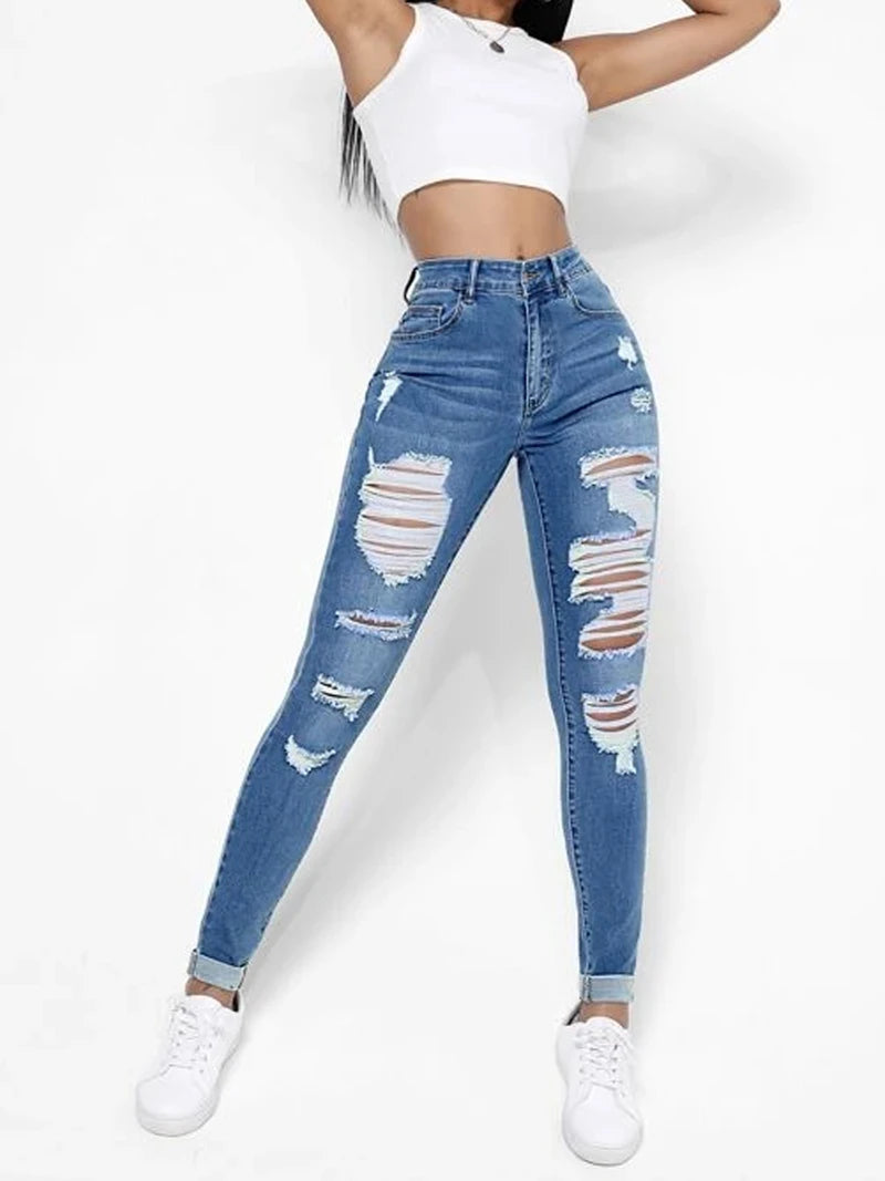 Ripped Holes Casual Skinny Jeans with Slash Pockets and Distressed Style