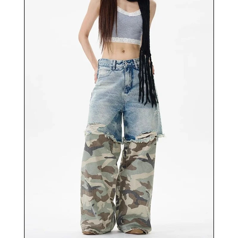 Women's Camouflage Denim Jeans – Baggy Streetwear, High-Waisted, Wide-Leg Style