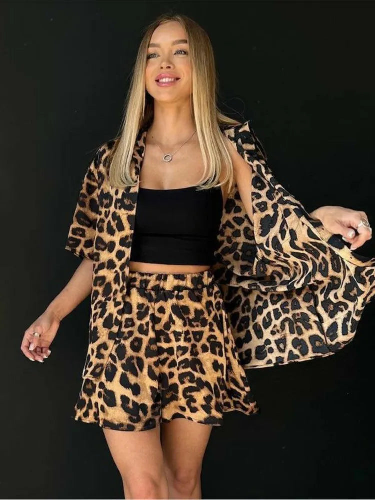 Women's Leopard Print Short-Sleeve Shirt and Shorts Suit Set