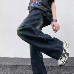 Blue Baggy Jeans – Korean High Street Stoned Wash Wide-Leg Pants