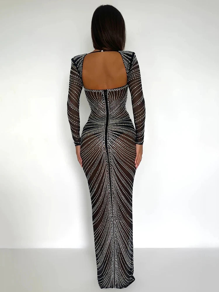 Glitter Mesh See-Through Maxi Dress for Unforgettable Evenings