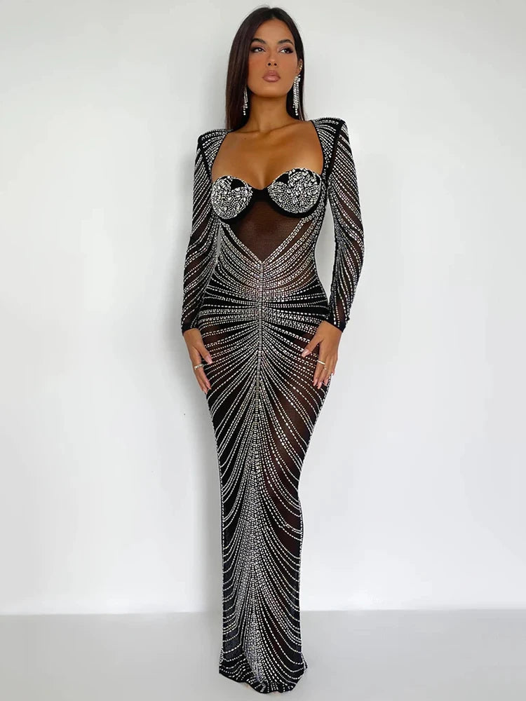 Glitter Mesh See-Through Maxi Dress for Unforgettable Evenings