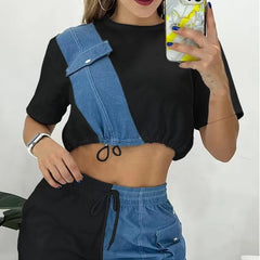 Ensemble haut à manches courtes et short décontracté en faux denim pour femme 