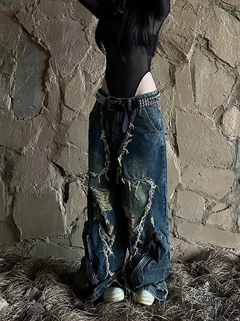 Unisex Baggy Deconstruction Tassel Jeans with Big Pockets