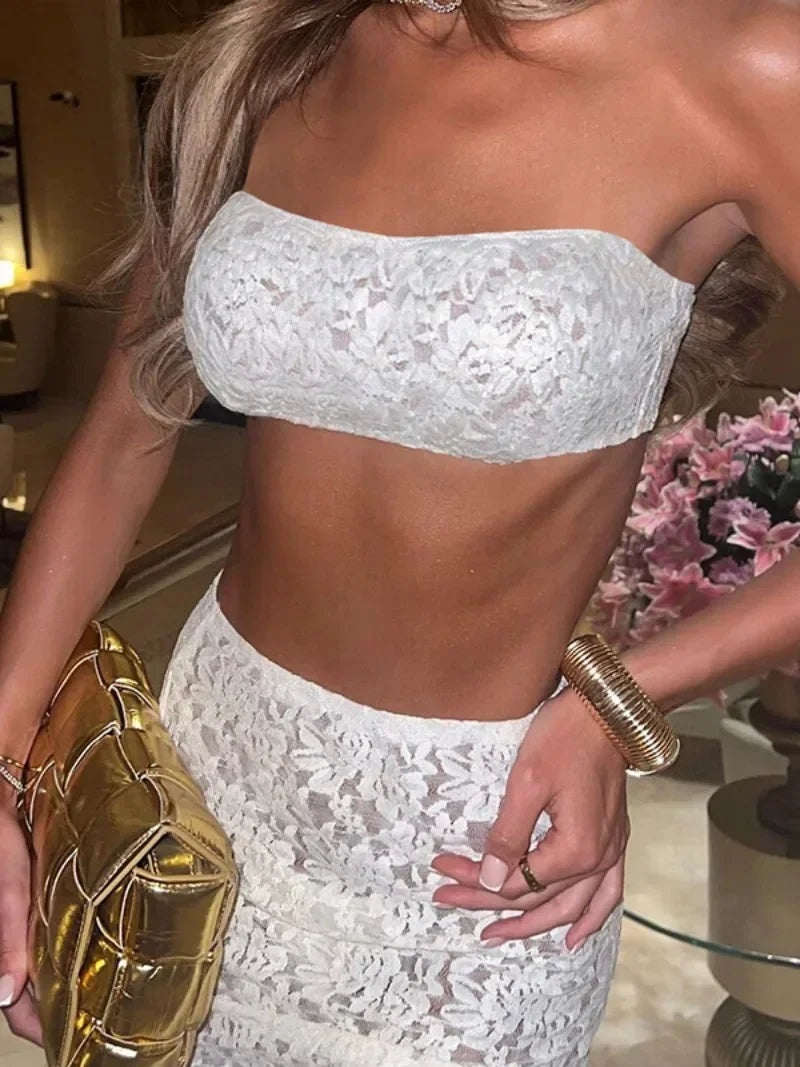 Summer White Pink Lace Hollow Out Dress Set with Corset Top and Skirt